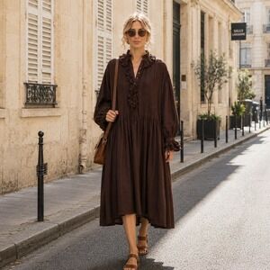 Laurence Bras Poem Midi Dress M Brown Cotton Ruffle Boho Lagenlook Parisian Folk